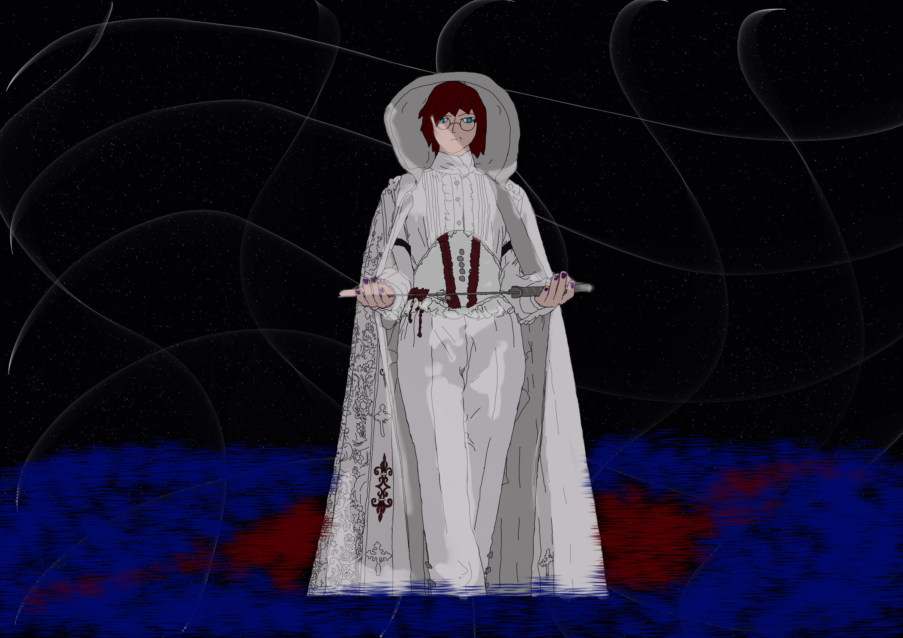 a drawing of a man with red hair standing in a 
                        lake of blue and red, with a background of night sky. they
                        are wearing an intricately detailed cloak and presenting a
                        sword in their palms.